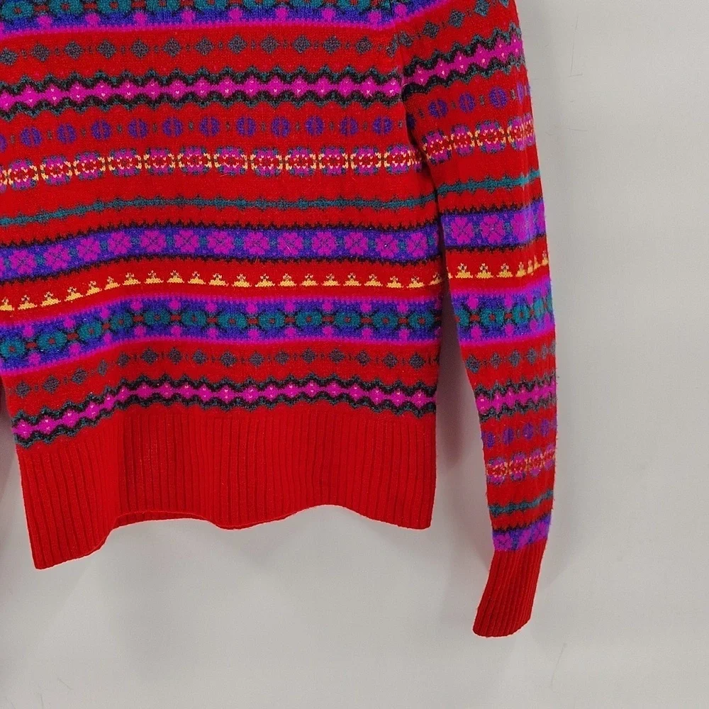 J. Crew Pullover Crew Neck Wool Sweater XS Red Multicolor Nordic Fair Isle